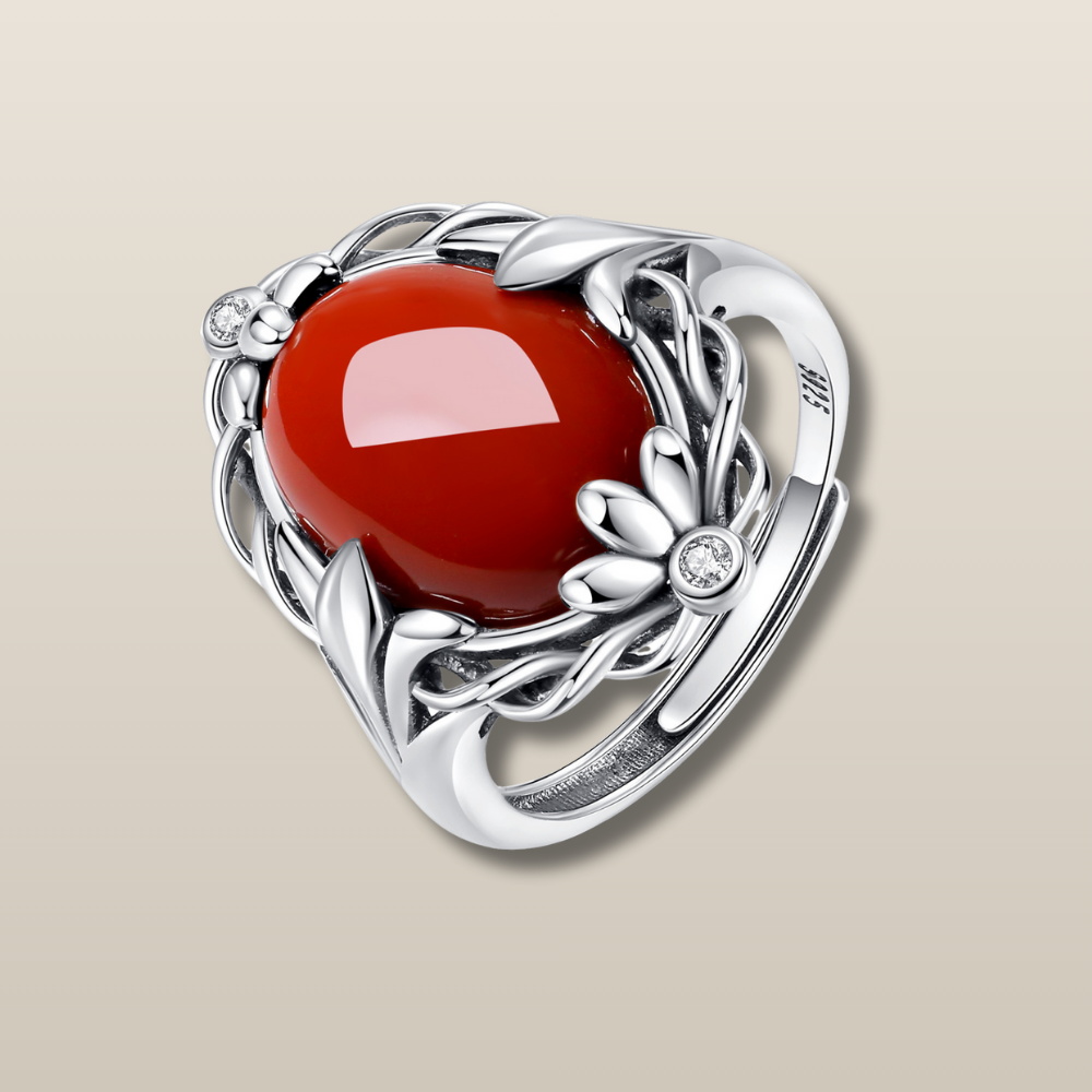 Red Agate Lotus Silver Healing Ring