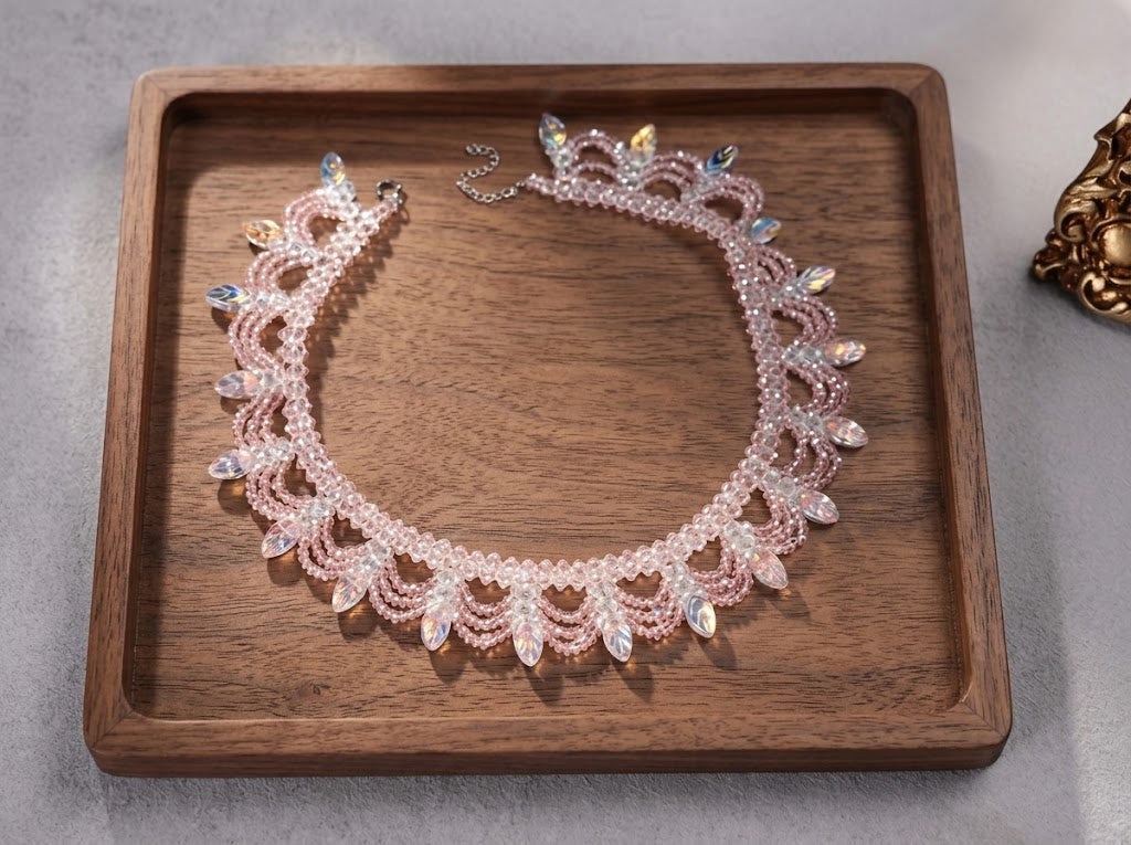 Handmade Glass Beaded Lace Choker Necklace, Iridescent Leaf Fringe Collar, Romantic Bridal Wedding Jewelry, Birthday Gift for Her