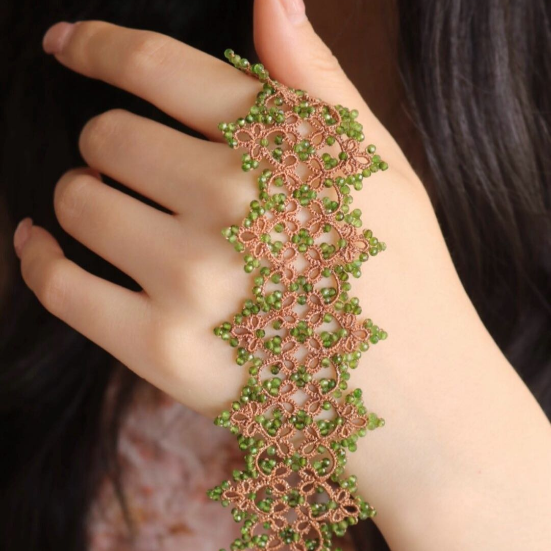 Handwoven Green Bead Tatting Bracelet