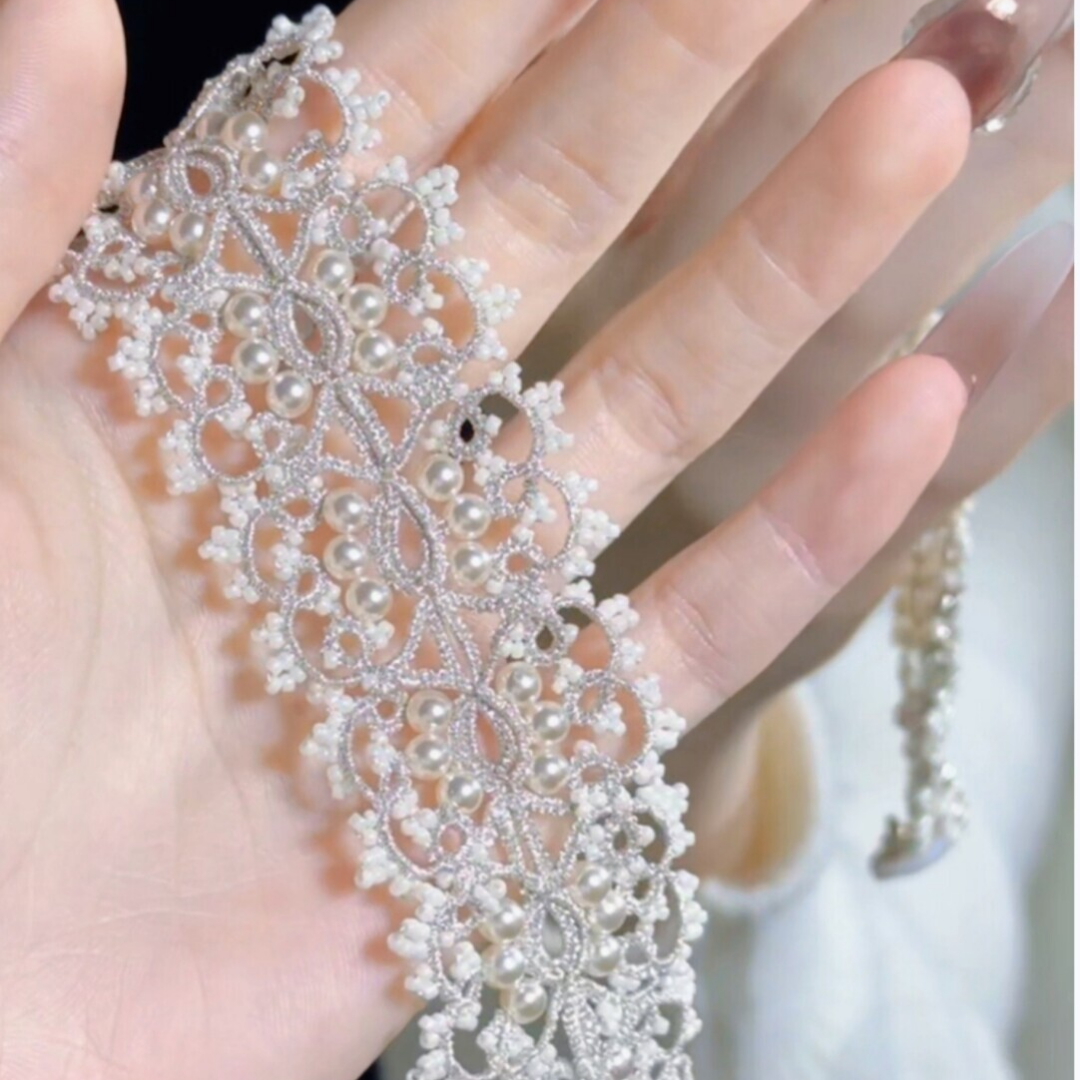 White Pearl Handwoven Tatting Lace Adjustable Bracelet