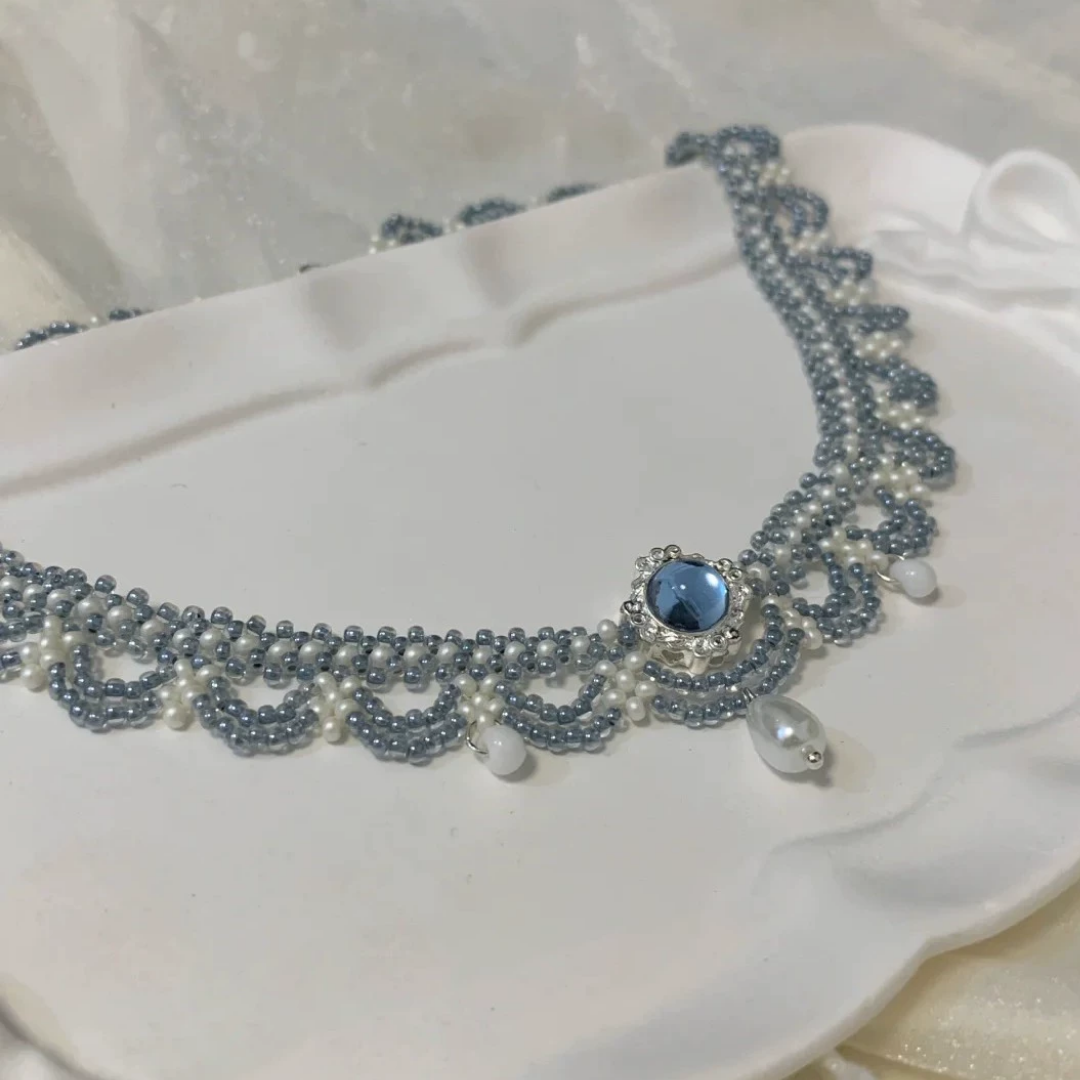 Handwoven French Pearl Lace Multi Layer Beaded Statement Necklace