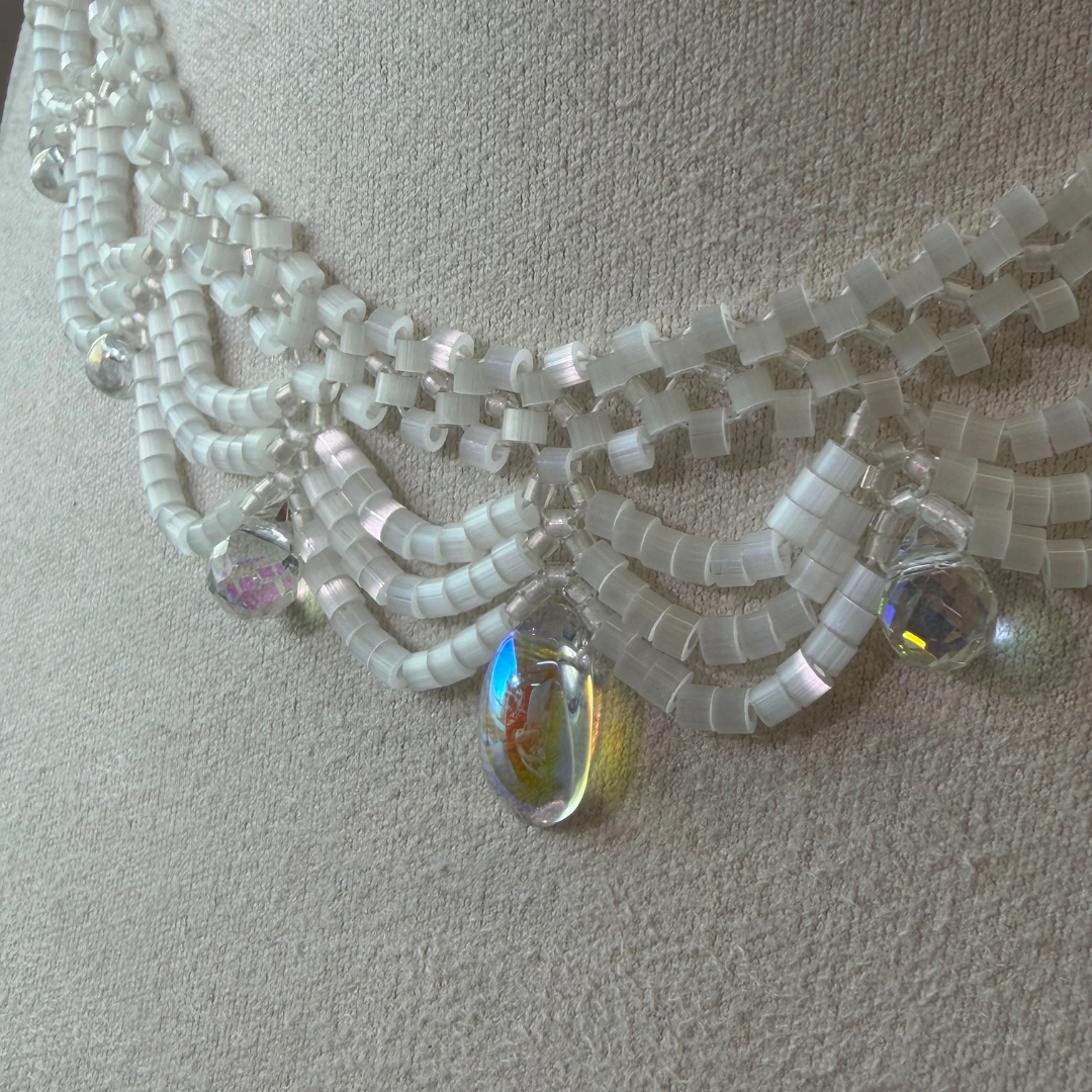 Handwoven White Opal Crystal Beaded Lace Necklace / Bracelet