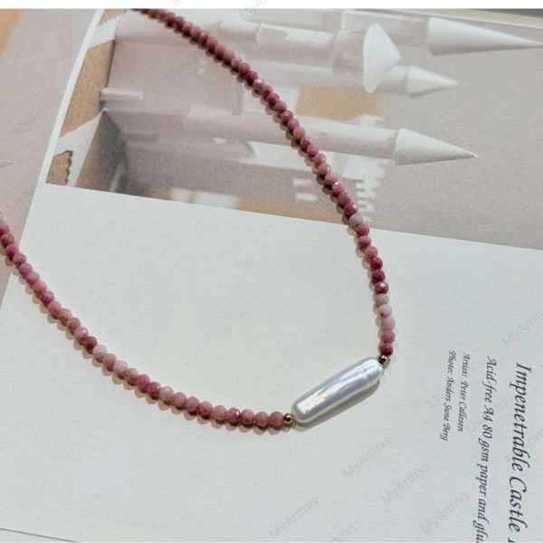 Elegant Natural Pink Stone Beaded Necklace, Baroque Pearl Charm Choker,
