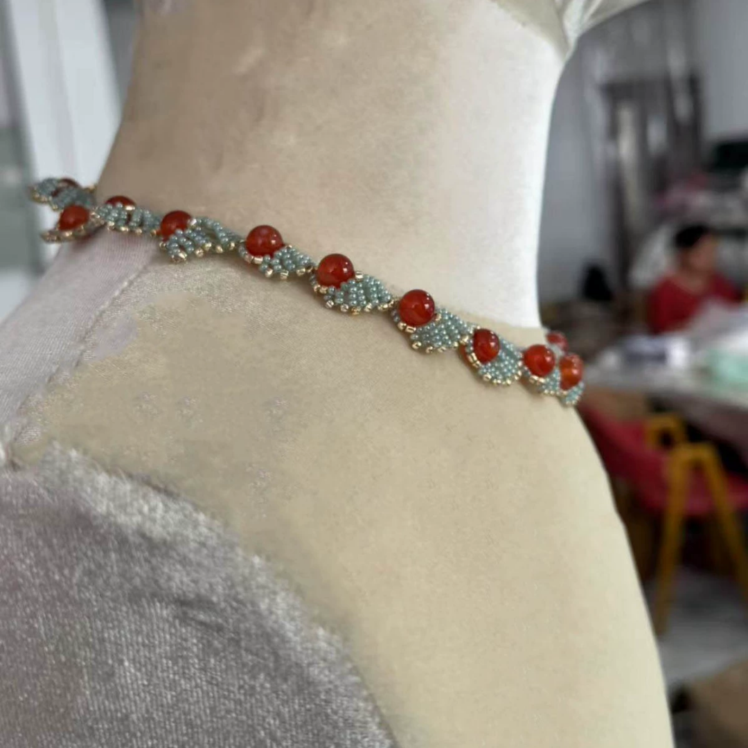 Handwoven Red Agate Lace Vintage Multi Layer Statement Necklace / Bracelet