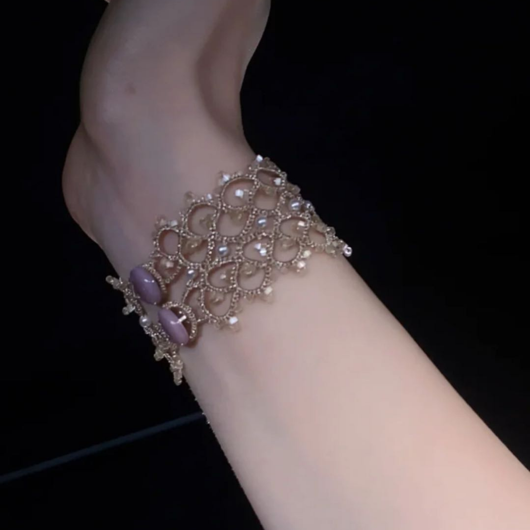 Handwoven Moonstone Lace Vintage French Beaded Bracelet