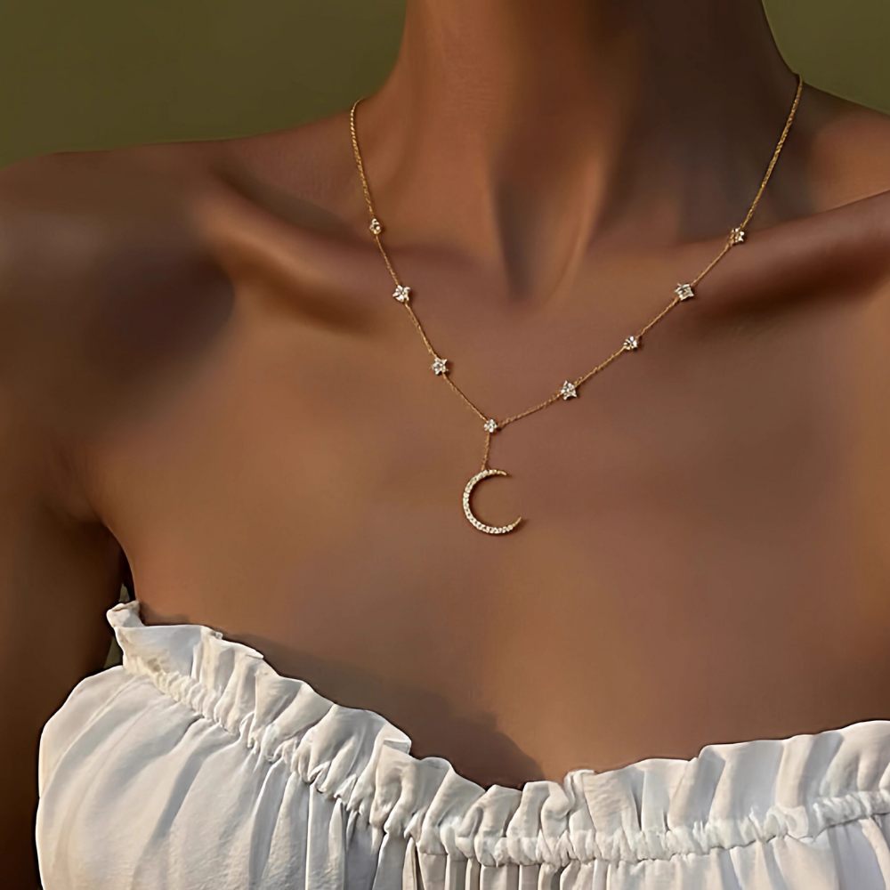 Crescent Moon Star Cubic Zirconia Gold Dainty Necklace