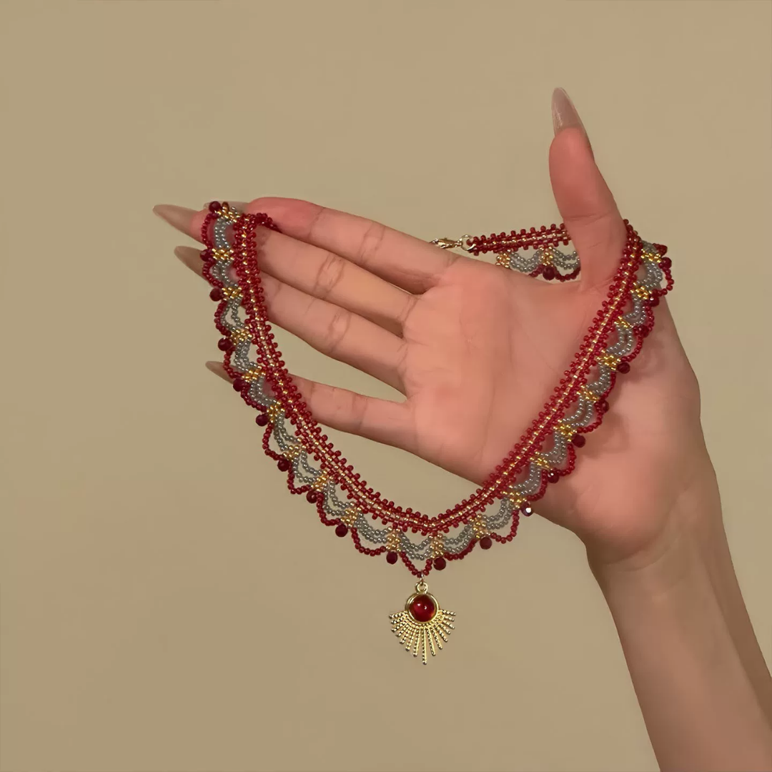 Handwoven Royal Red Blue Lace Choker Vintage Statement Necklace