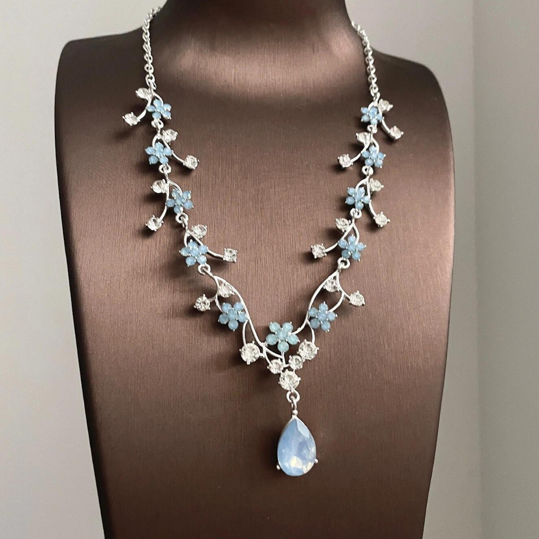 Blue Floral Crystal Statement Teardrop Pendant Necklace