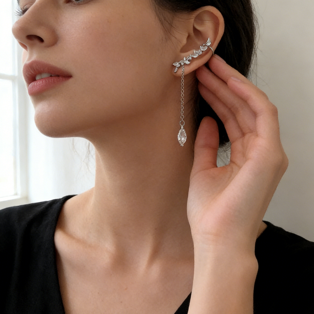 Asymmetrical Zircon Fringe Chain Clip Earrings