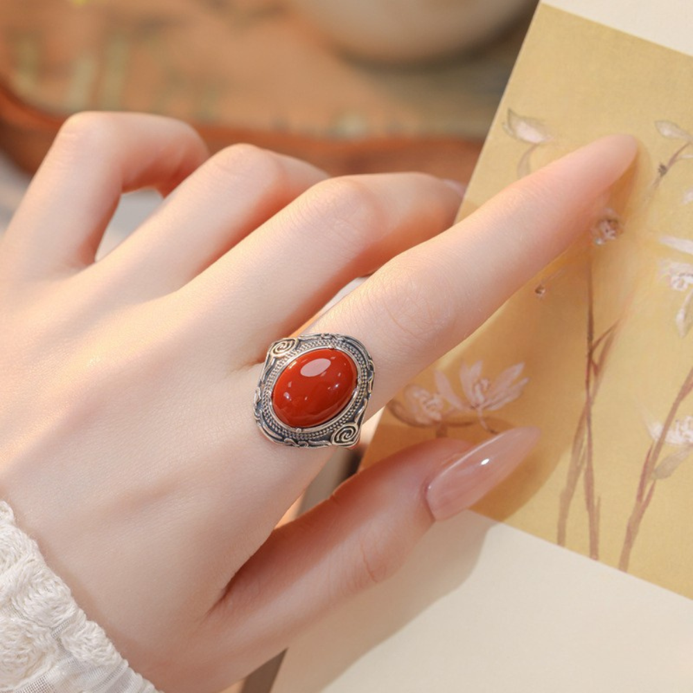 Red Agate Silver Cloud Healing Ring