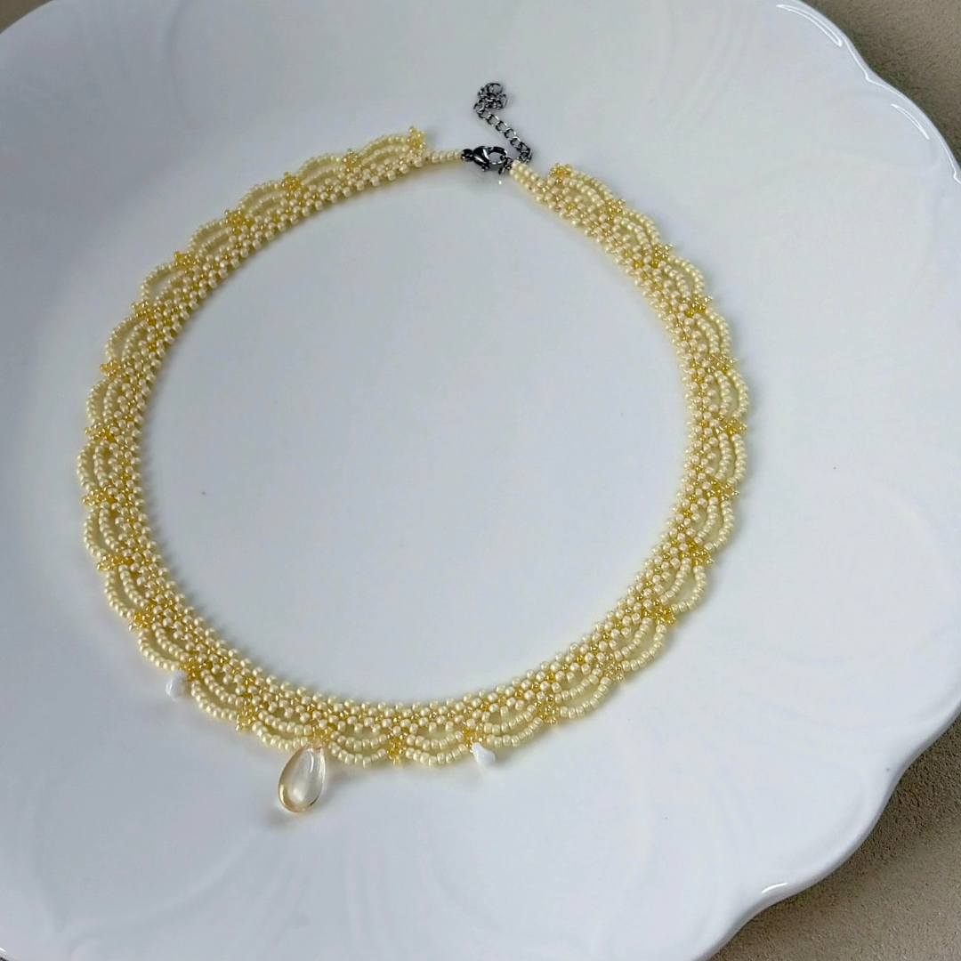 Handwoven Beaded Lace Pale Yellow Vintage French Style Necklace
