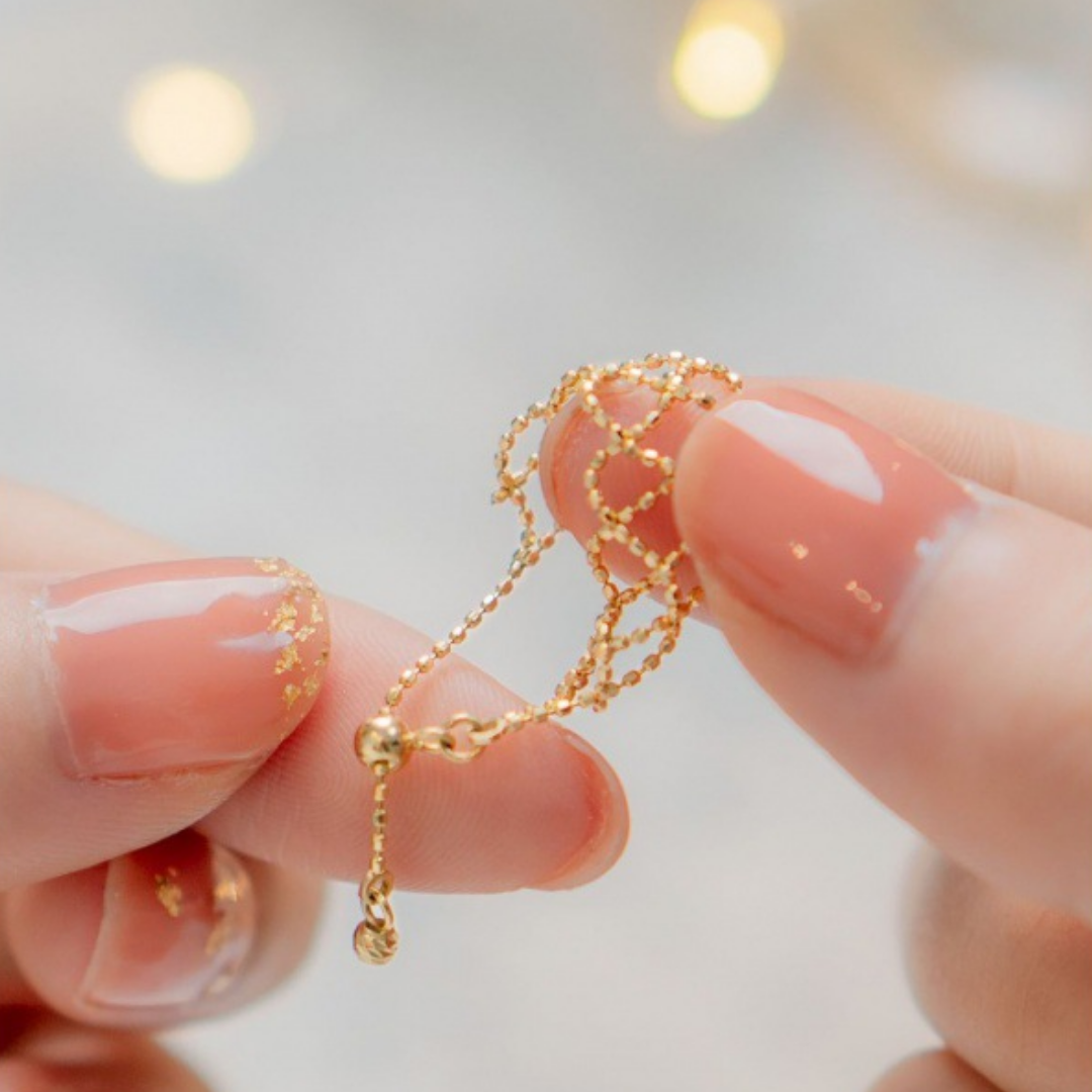 Gold Beaded Mesh Adjustable Minimalist Bracelet Ring Set
