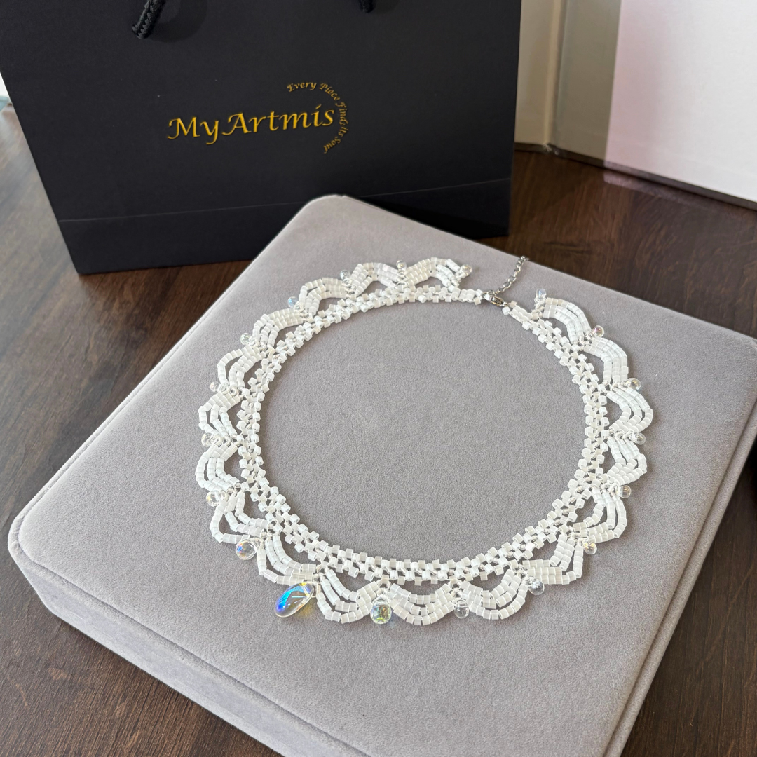 Handwoven White Opal Crystal Beaded Lace Necklace / Bracelet