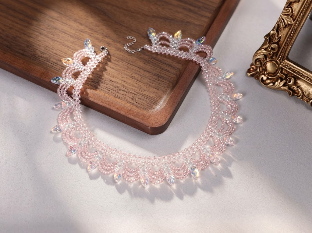 Handmade Glass Beaded Lace Choker Necklace, Iridescent Leaf Fringe Collar, Romantic Bridal Wedding Jewelry, Birthday Gift for Her