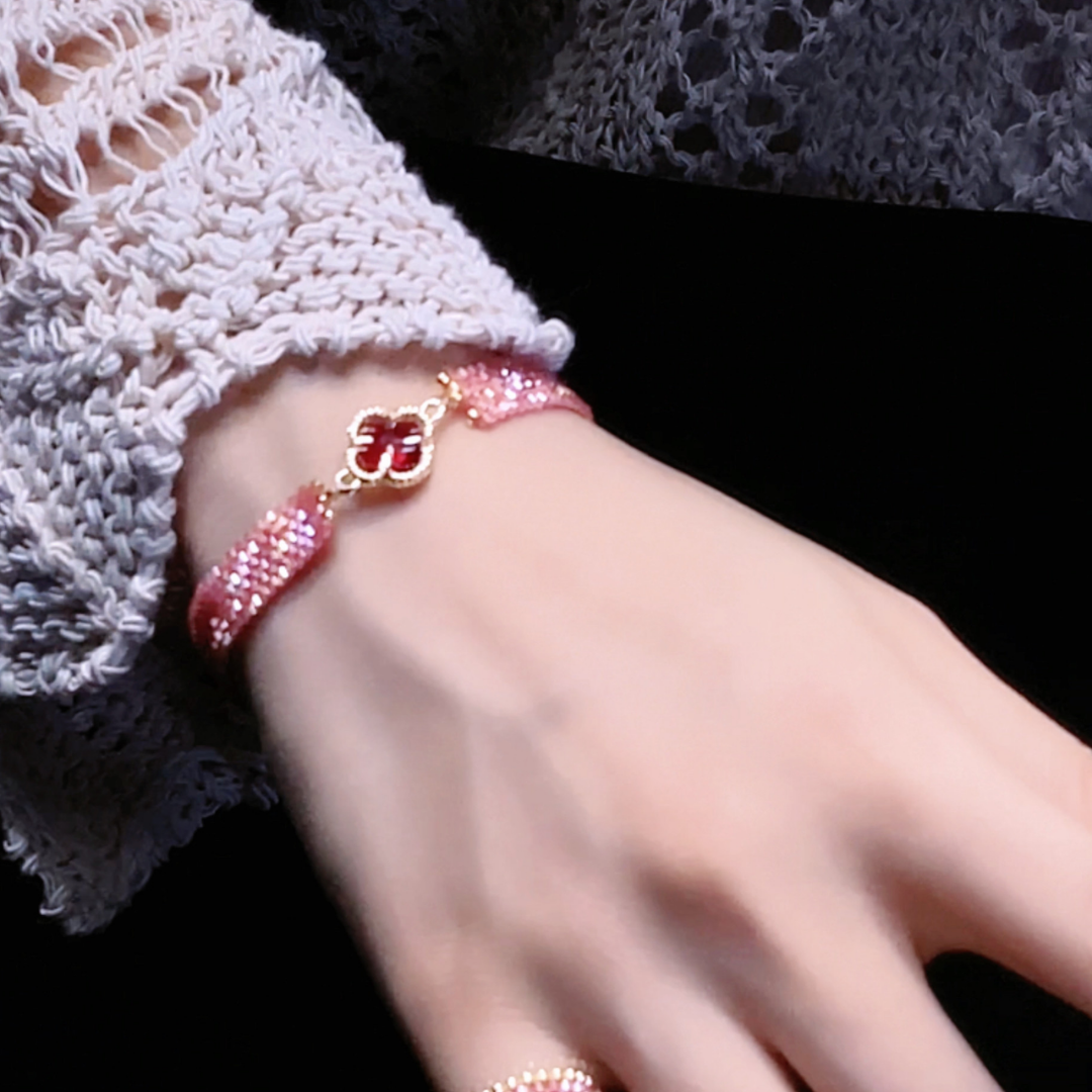 Handwoven Japanese Vintage Pink Beaded Clover Charm Bracelet