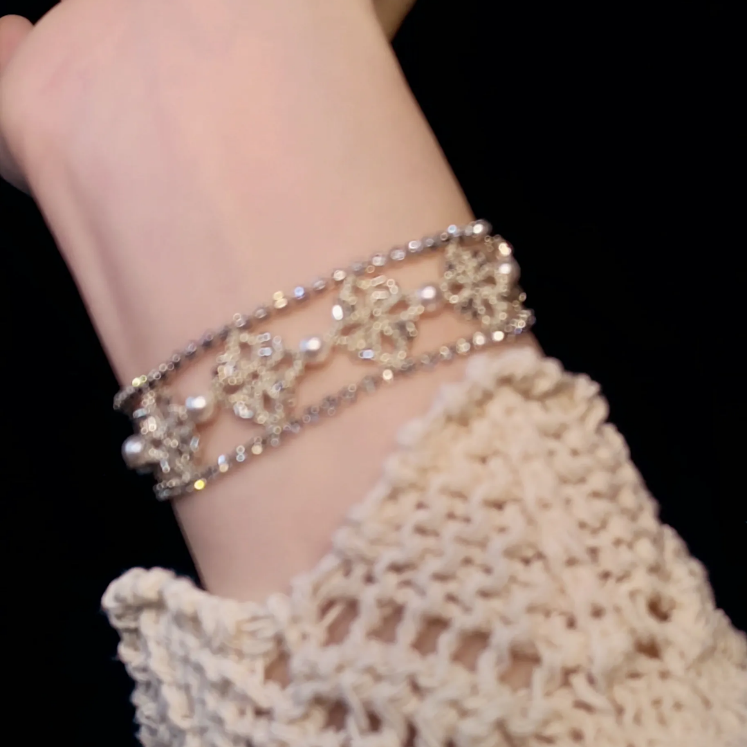 Hand Woven French Lace Pearl Crystal Beaded Floral Bracelet