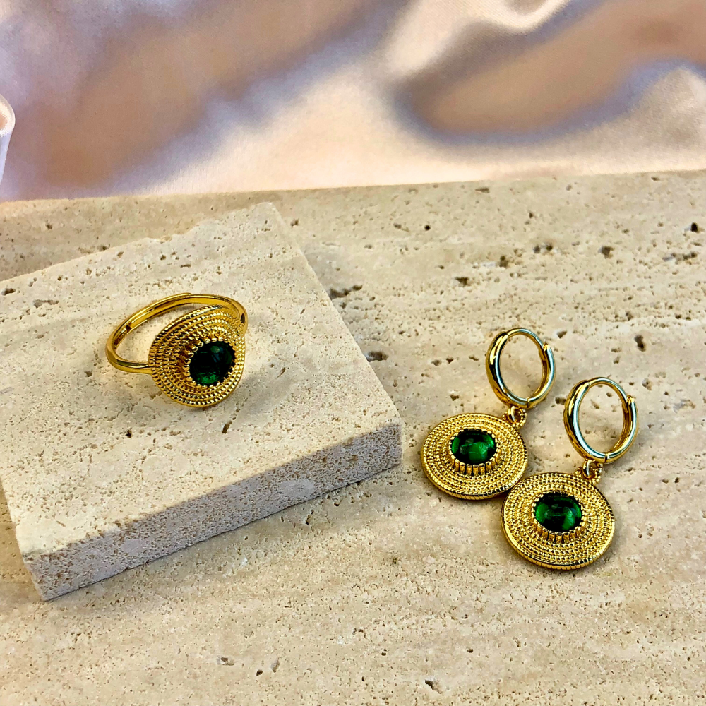 Green Agate Gold Medallion Energy Earrings