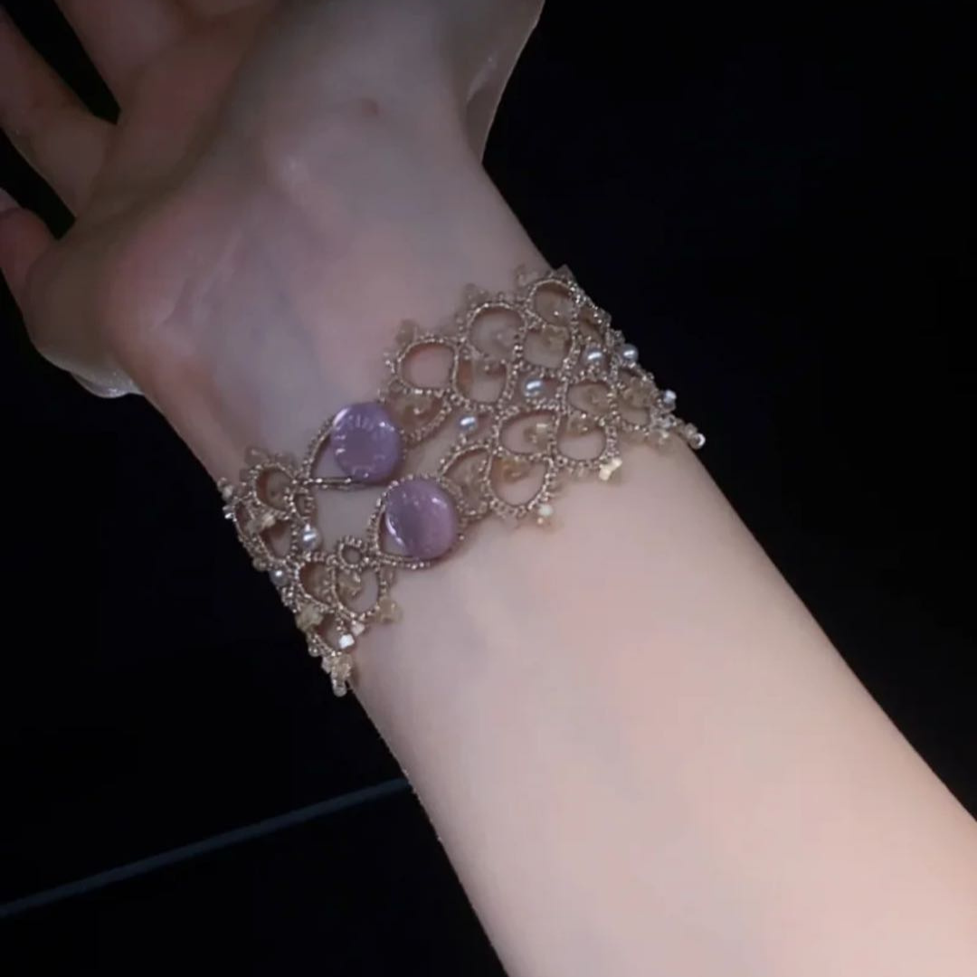 Handwoven Moonstone Lace Vintage French Beaded Bracelet