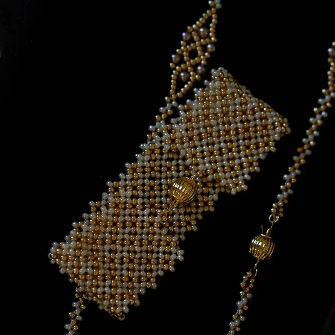 Handwoven Champagne Gold Beaded Lace Pearl Bracelet / Necklace / Ring