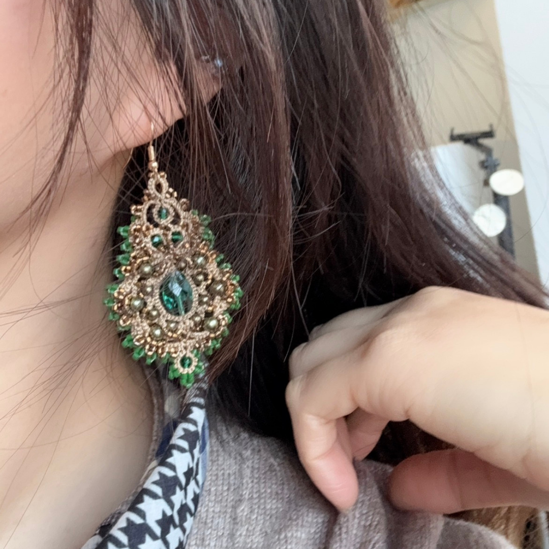 Handwoven Pearl Crystal Drop Vintage Lace Statement Earrings