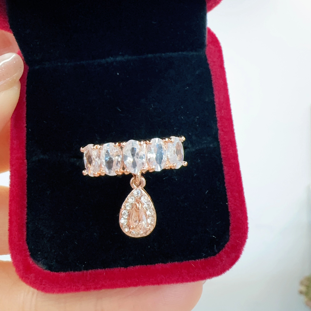 Pink Teardrop Crystal Halo Adjustable Silver Ring