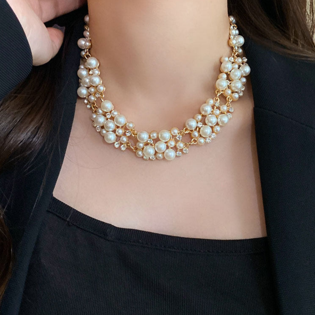 Handwoven French Pearl Statement Layered Gold Beaded Collar Necklace