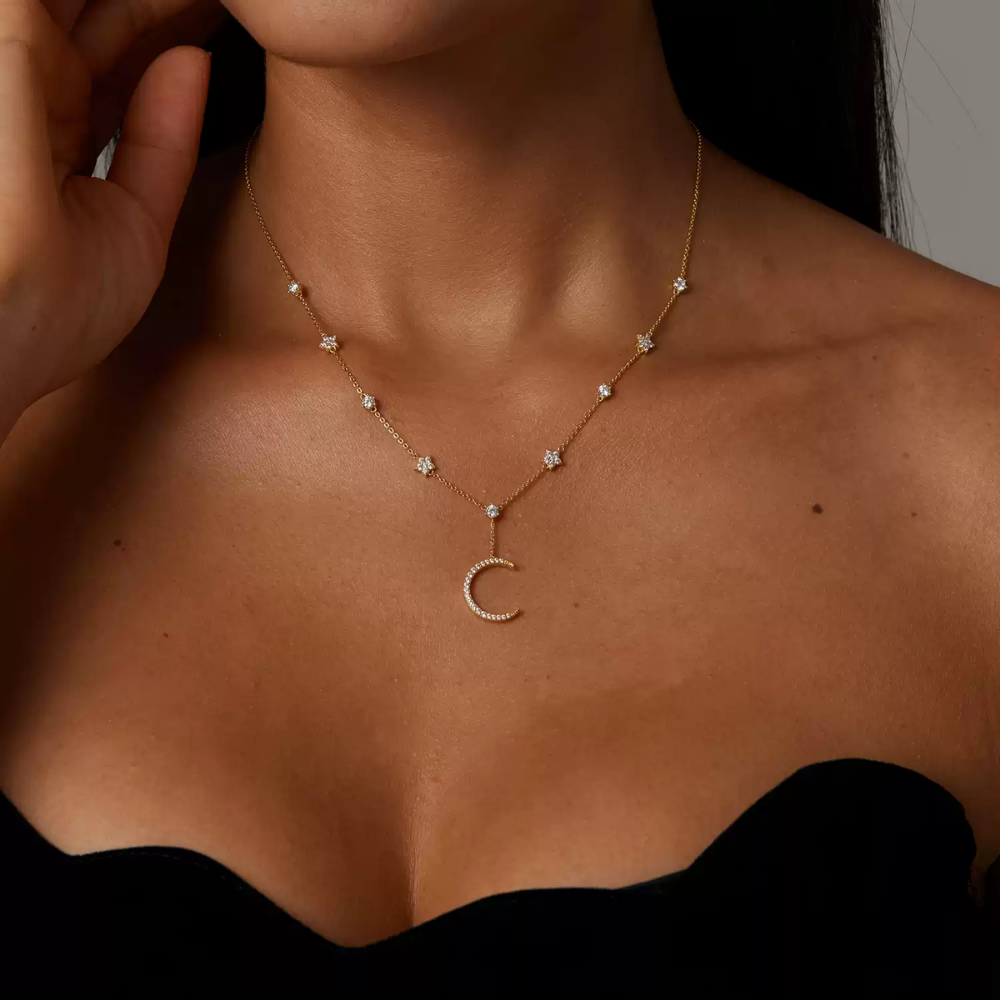 Crescent Moon Star Cubic Zirconia Gold Dainty Necklace