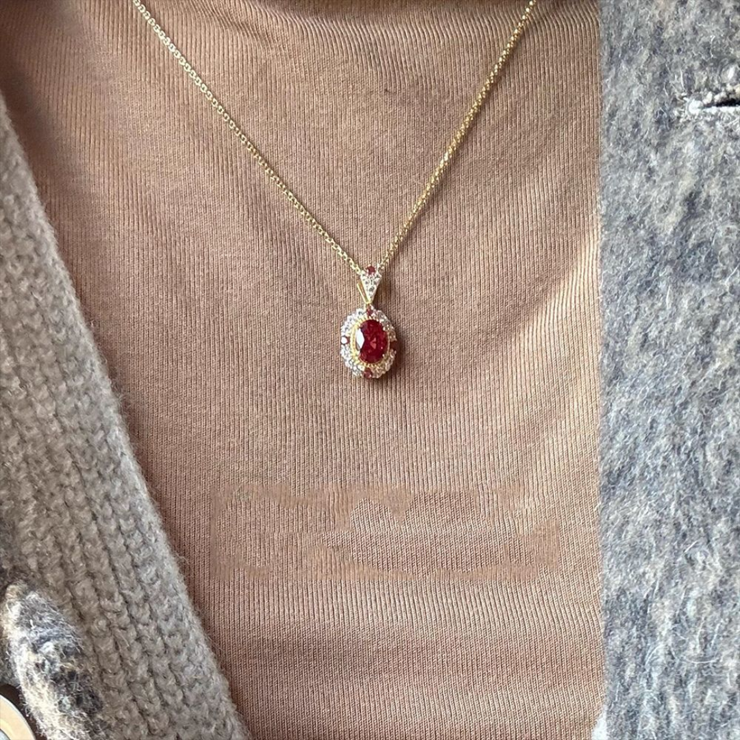 Vintage Roman Lab Ruby Halo Pendant Red Gemstone Necklace
