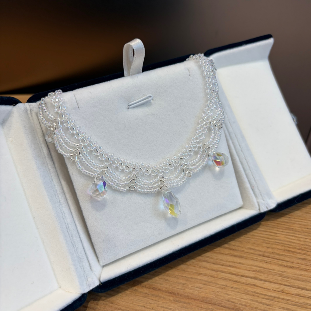 Handwoven Crystal Teardrop Pendant Iridescent Beaded Lace Statement Necklace / Bracelet