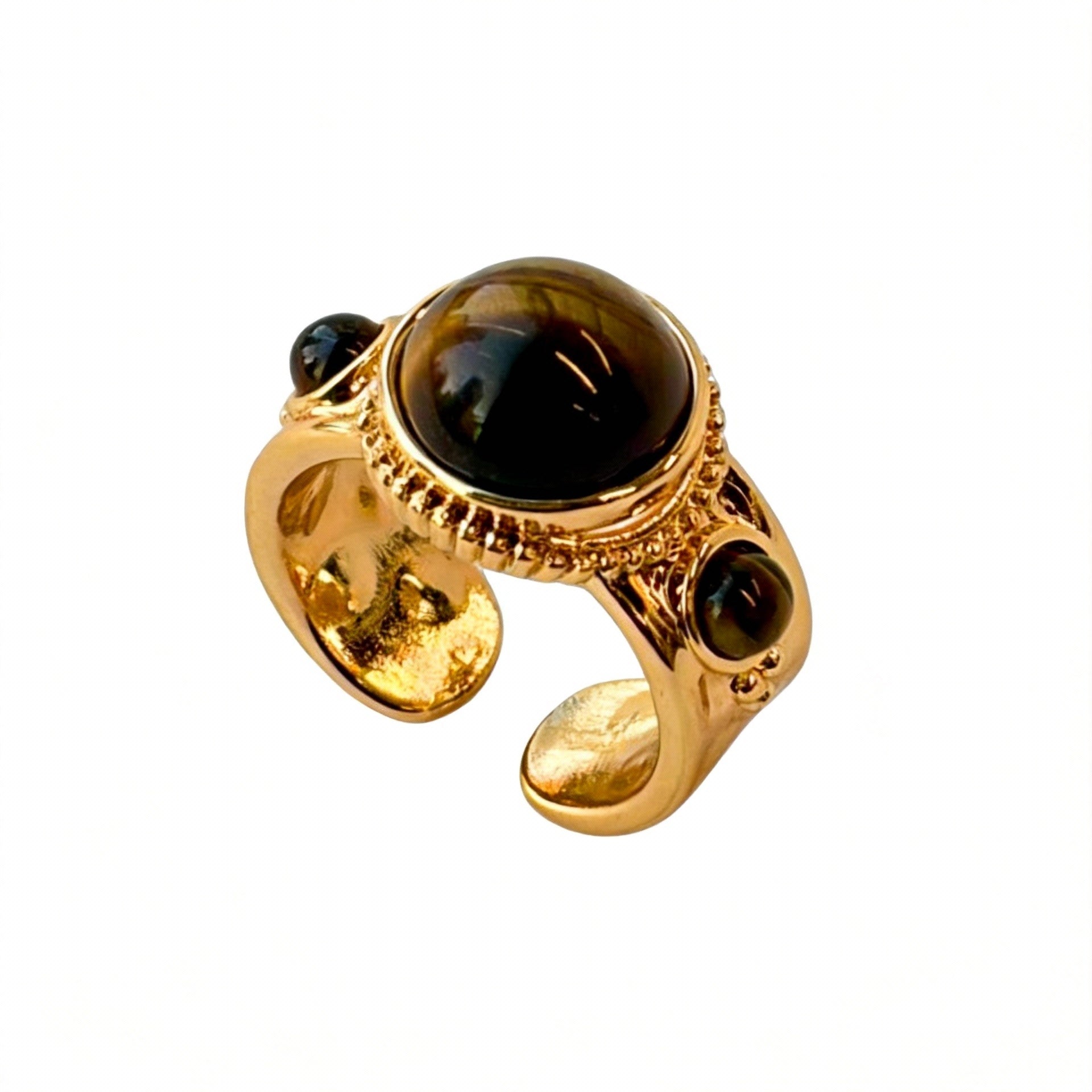 Tiger Eye Gold Vintage Dome Open Adjustable Statement Ring