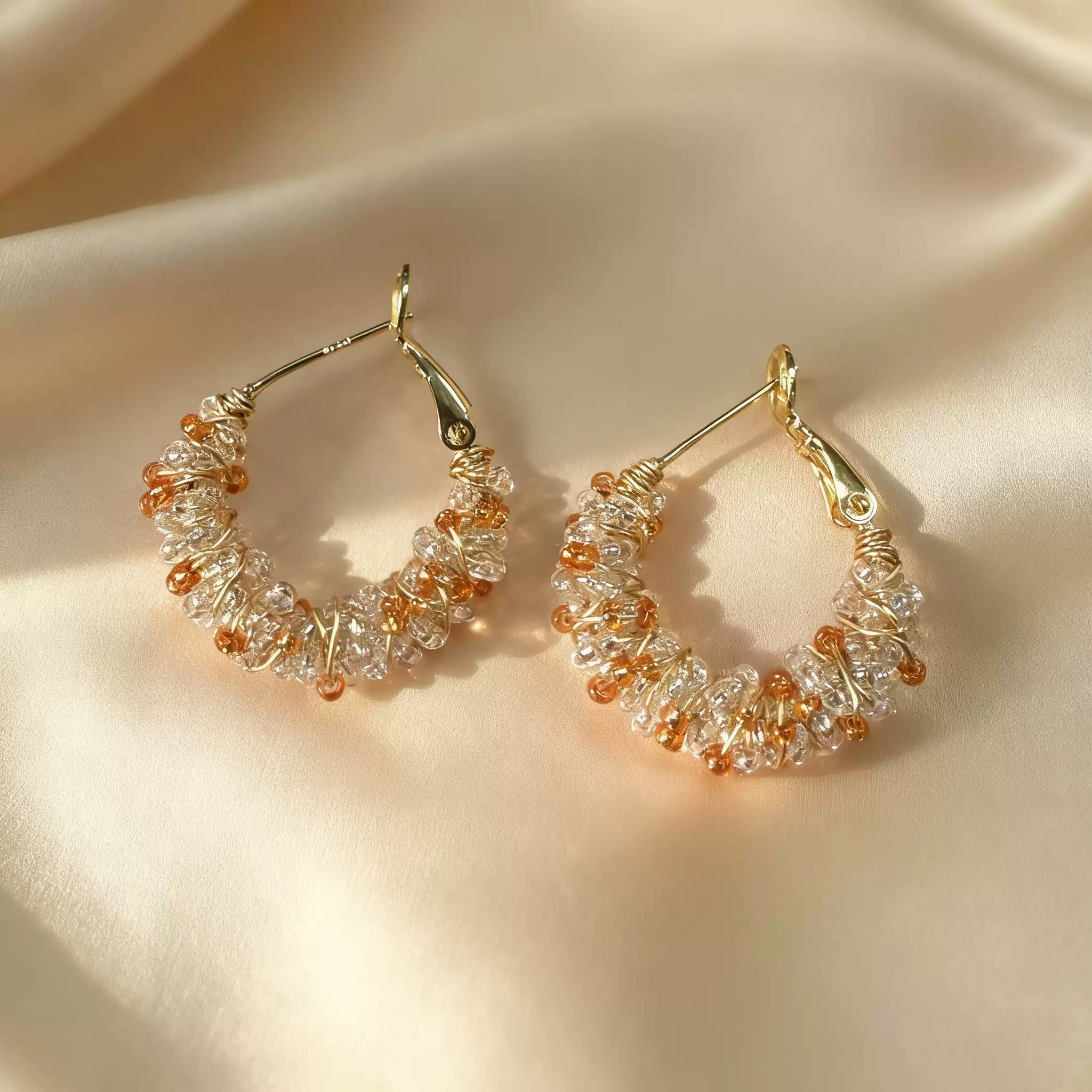Crystal Beaded Hoop Gold Wire Wrapped Handmade Earrings