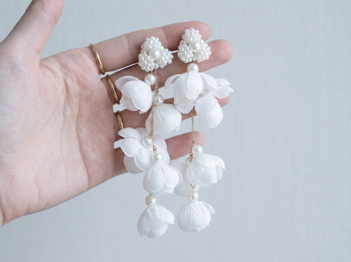 Handmade Fabric Flower Long Tassel Earrings, Pearl Cascade Bridal Wedding Dangle Earrings, Boho Statement Vacation Jewelry, Gift for Her