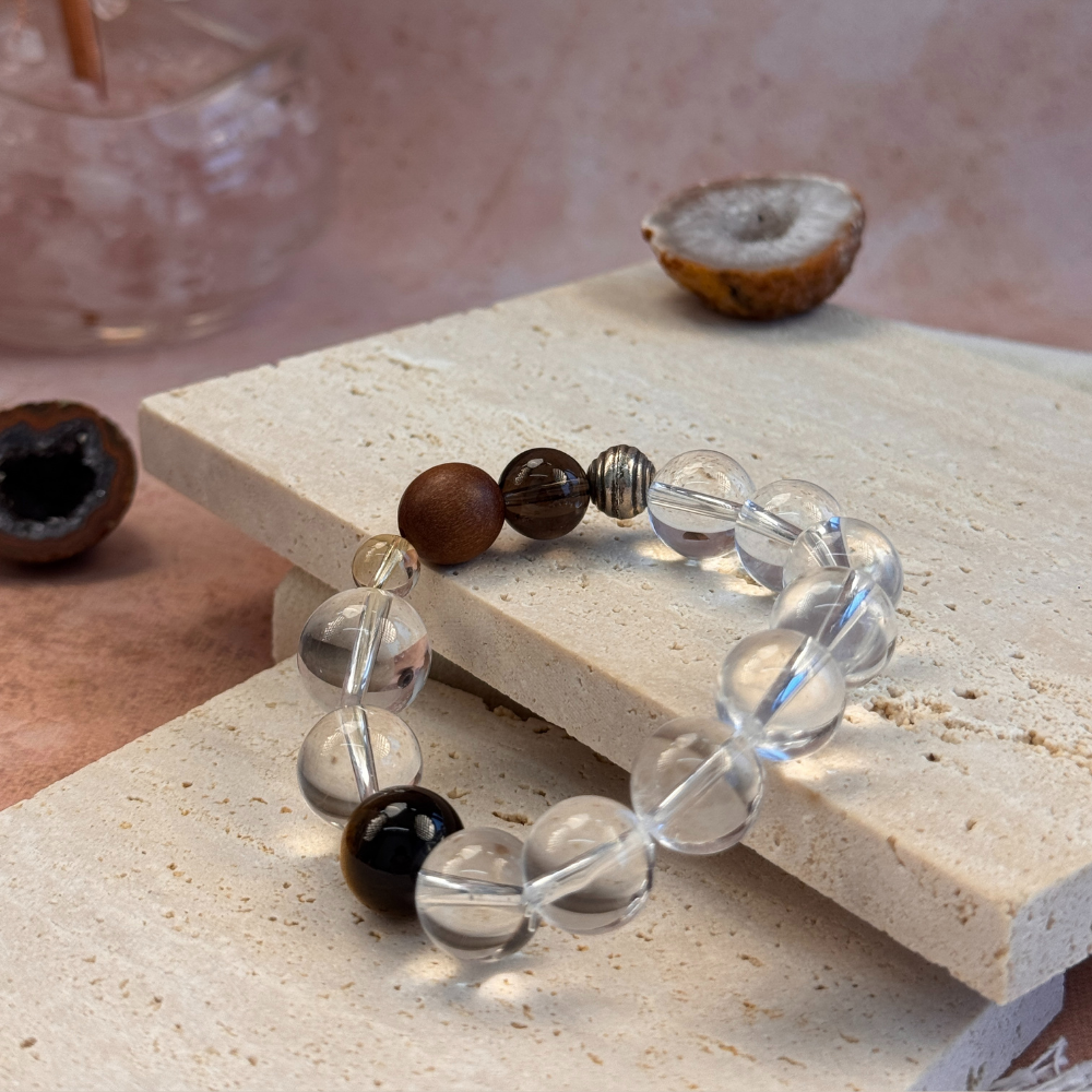 Tiger’s Eye Smoky Quartz Wooden Balance Bracelet