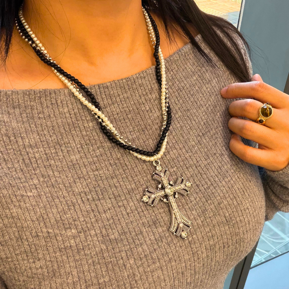 Pearl Radiance Cross Layered Chic Necklace