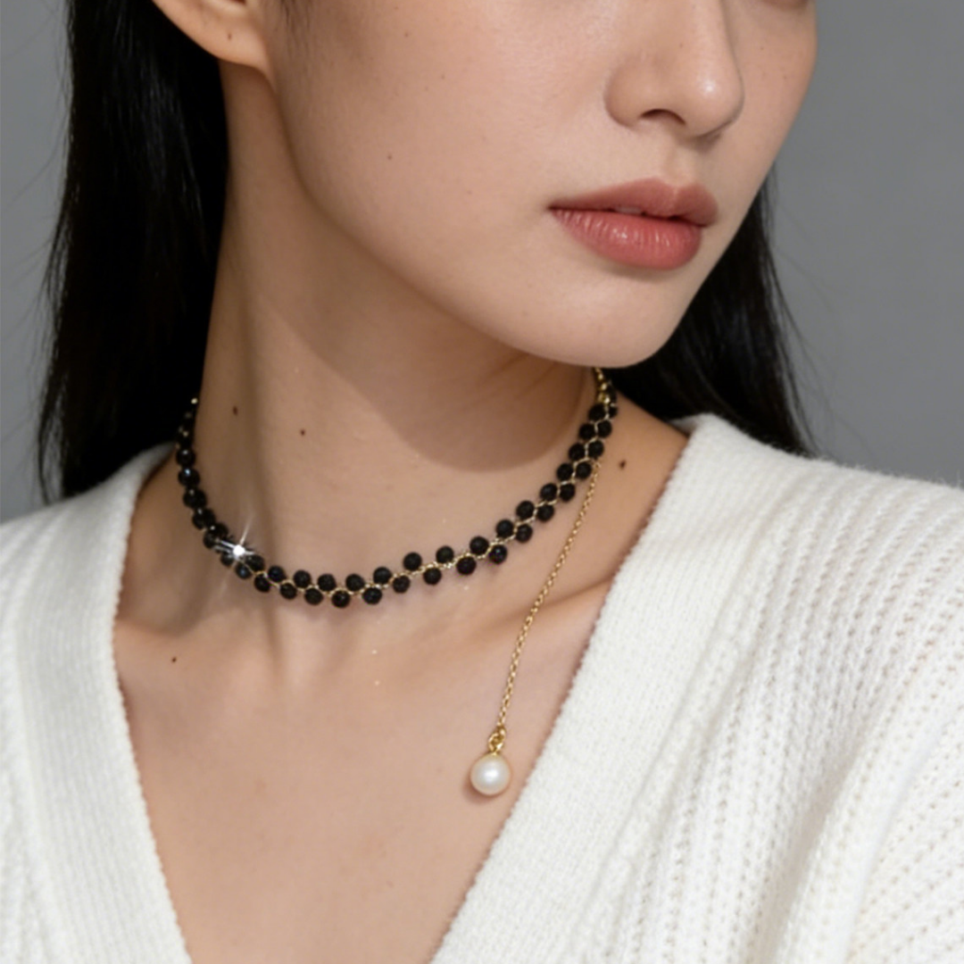 Black Obsidian Beaded Choker Minimalist Collarbone Necklace