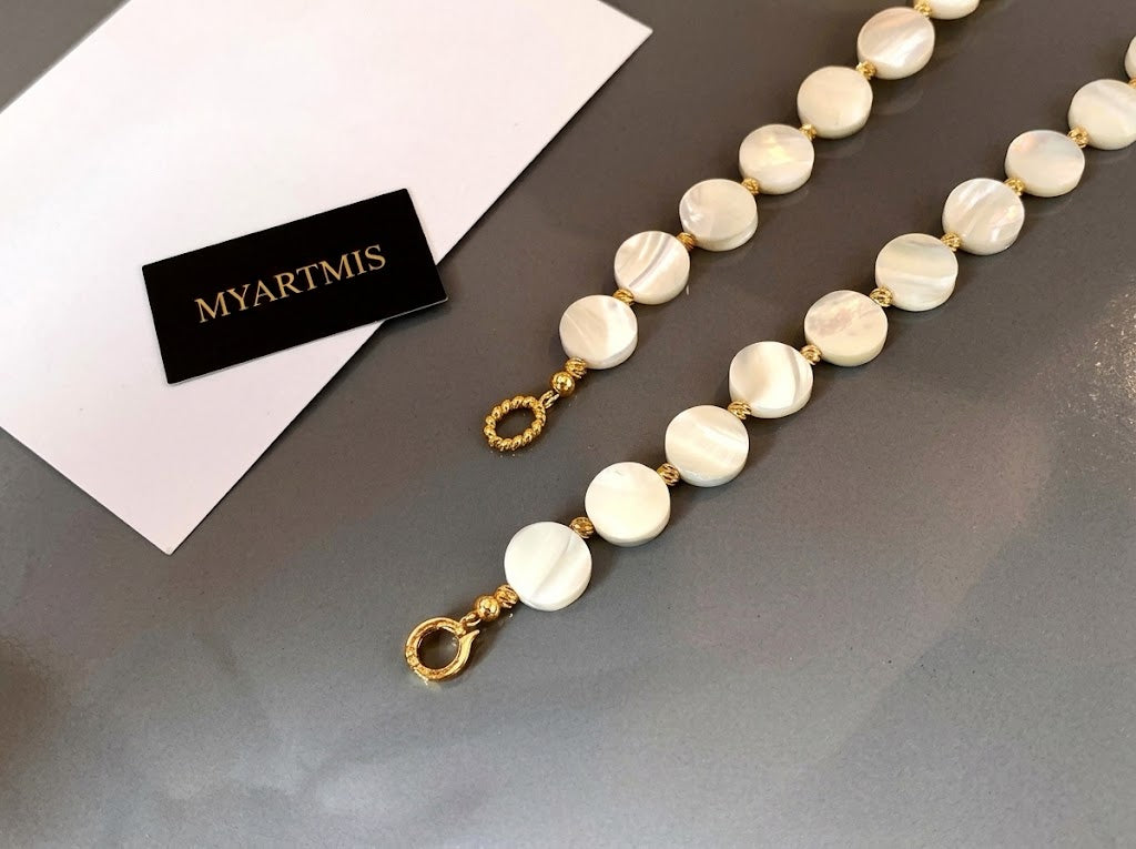 Natural Mother of Pearl Shell Beaded Choker Necklace & Matching Bracelet Jewelry Set for Women