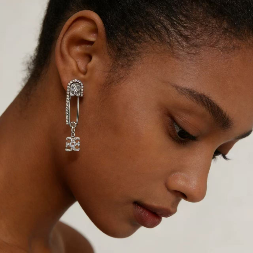 Geometric Safety Pin Drop Lab Crystal Pave Statement Earrings