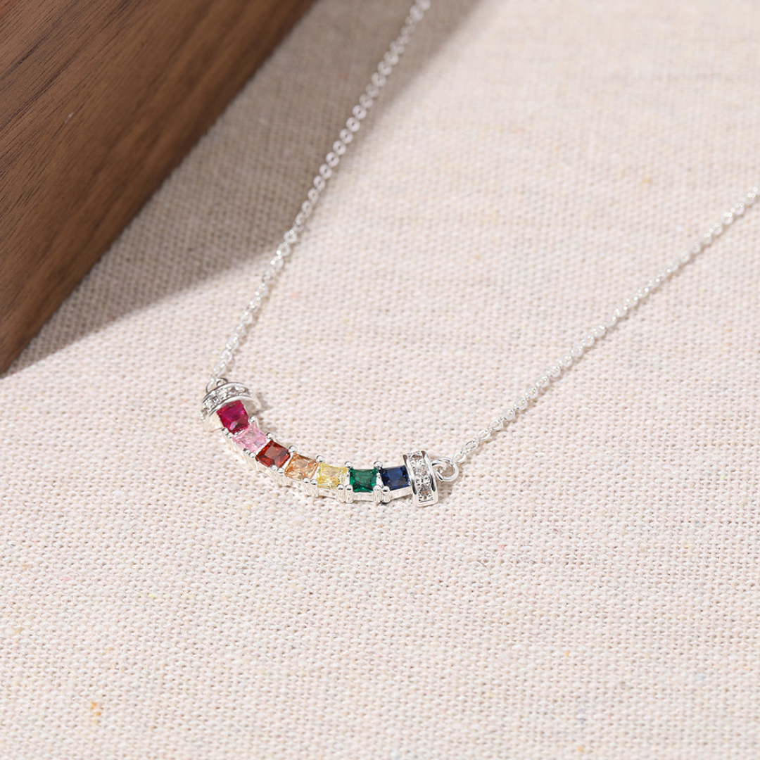 Rainbow Baguette Curve Lab-Grown Diamond Sterling Silver Necklace