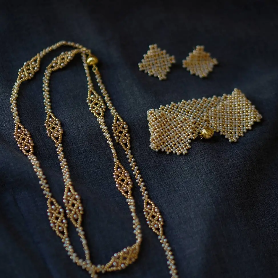 Handwoven Champagne Gold Beaded Lace Pearl Bracelet / Necklace / Ring