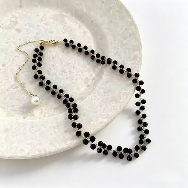 Black Obsidian Beaded Choker Minimalist Collarbone Necklace