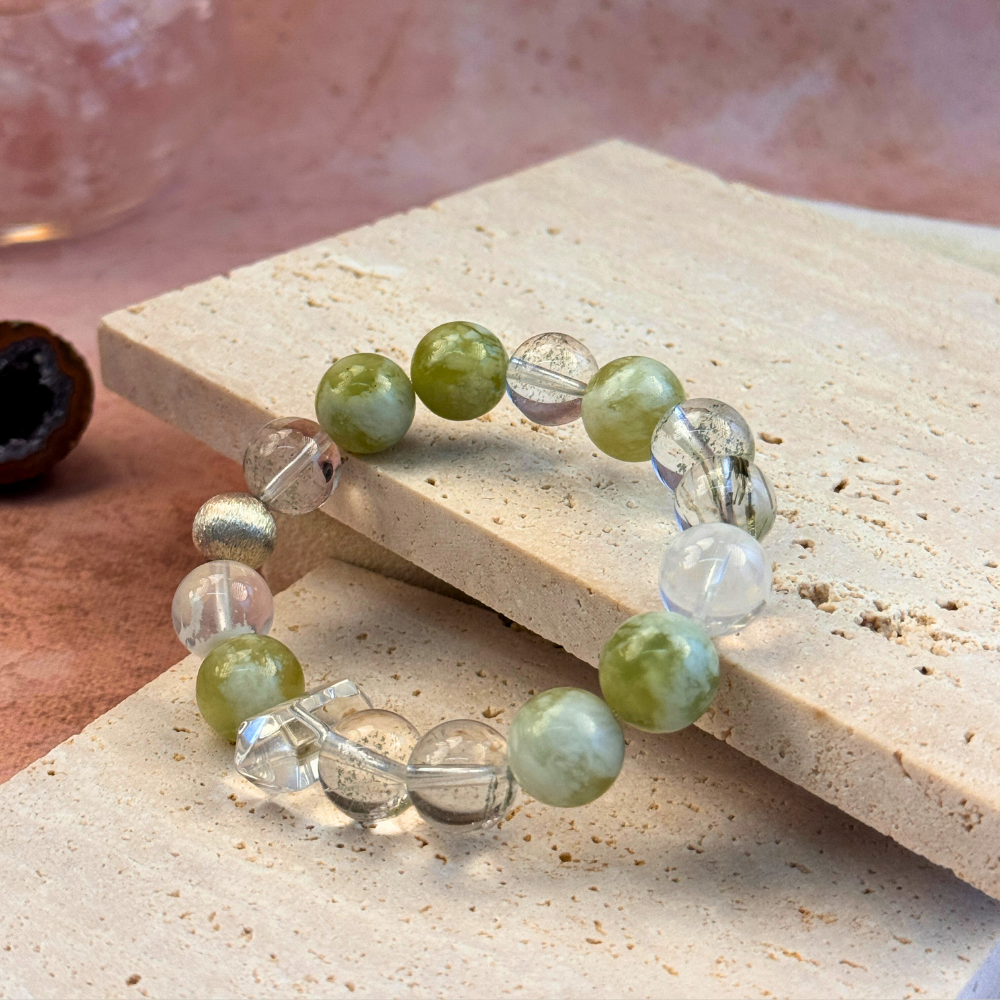 Green Jade Moss Agate Clear Quartz Harmony Healing Balance Prosperity Bracelet