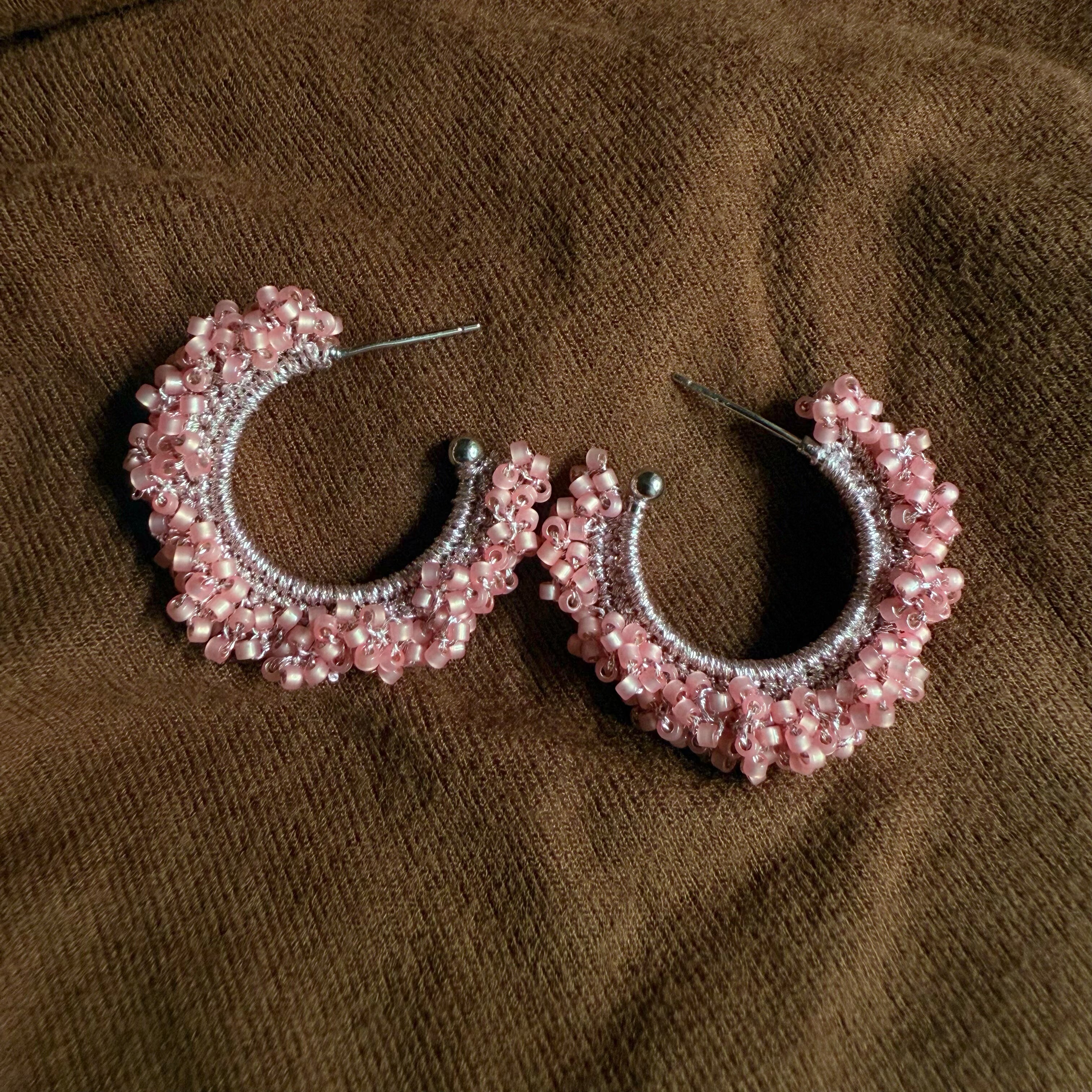 Pink Beaded Wire Wrapped Hoop Handmade Earrings