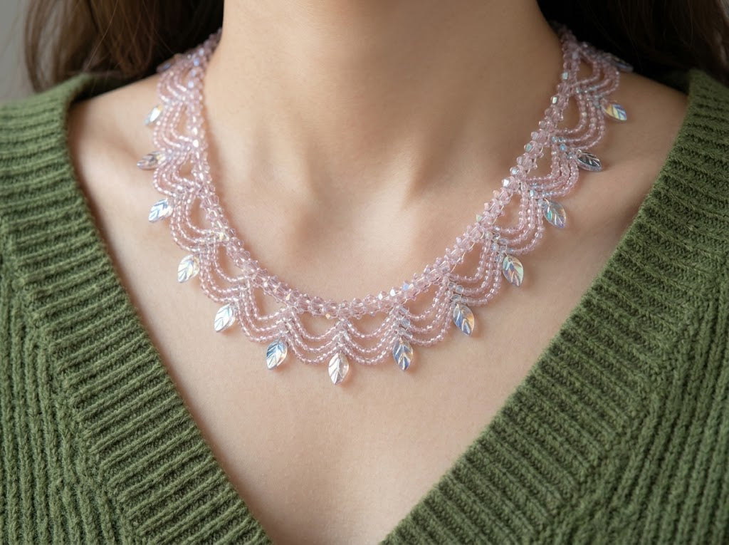 Handmade Glass Beaded Lace Choker Necklace, Iridescent Leaf Fringe Collar, Romantic Bridal Wedding Jewelry, Birthday Gift for Her