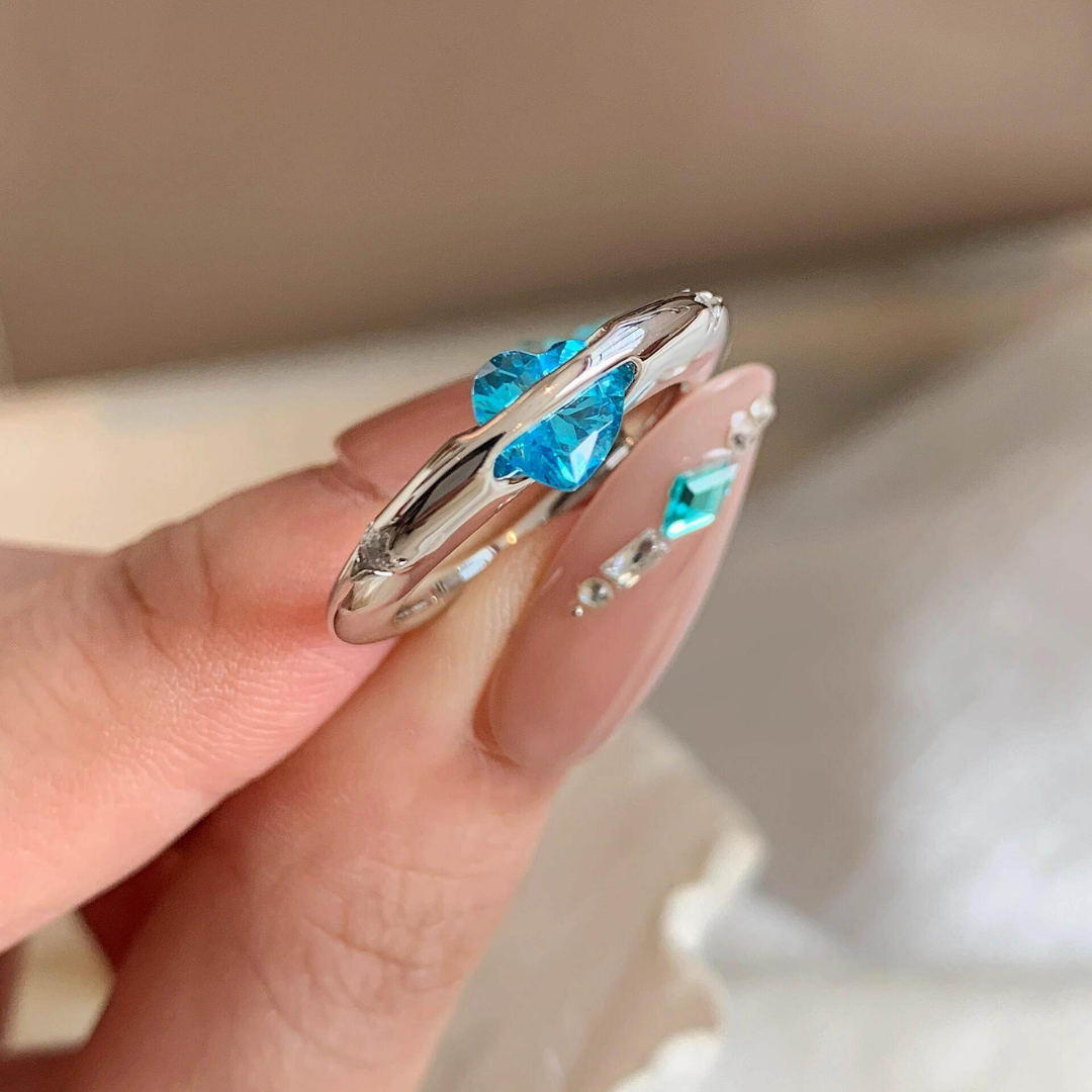 Ocean Blue Heart Zircon Open Adjustable Ring