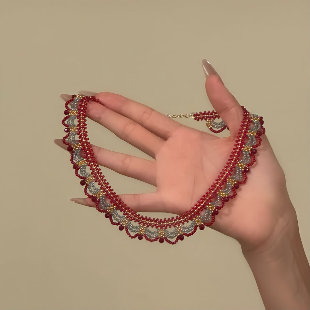 Handwoven Royal Red Blue Lace Choker Vintage Statement Necklace