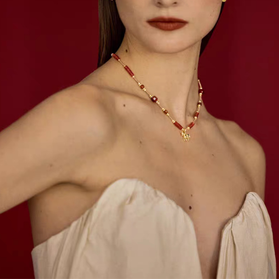 Red Agate Horse Charm Necklace Gold Beaded Pendant Necklace / Bracelet
