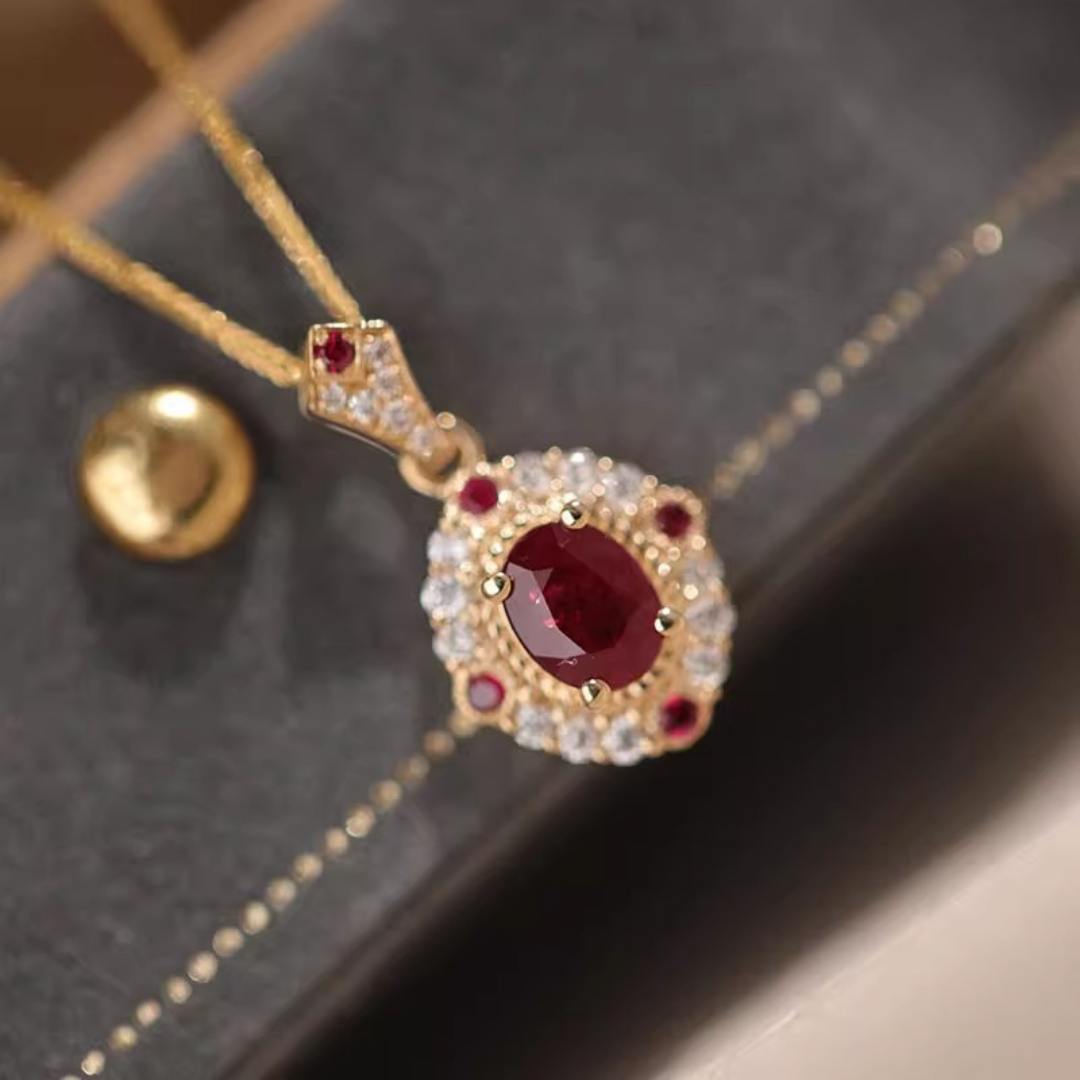 Vintage Roman Lab Ruby Halo Pendant Red Gemstone Necklace