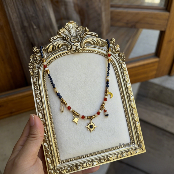 Celestial Natural Stone Layering Necklace, Tarnish-Free Star & Moon Choker, 520 Valentine's Gift for Her, Retro Aesthetic Jewelry