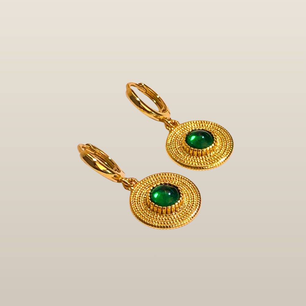 Green Agate Gold Medallion Energy Earrings
