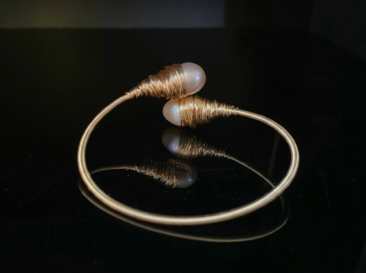 Handmade Wire Wrapped Pearl Bangle, Freshwater Baroque Pearl Silver Cuff Bracelet, Unique Bridal Gift for Her, Adjustable Jewelry